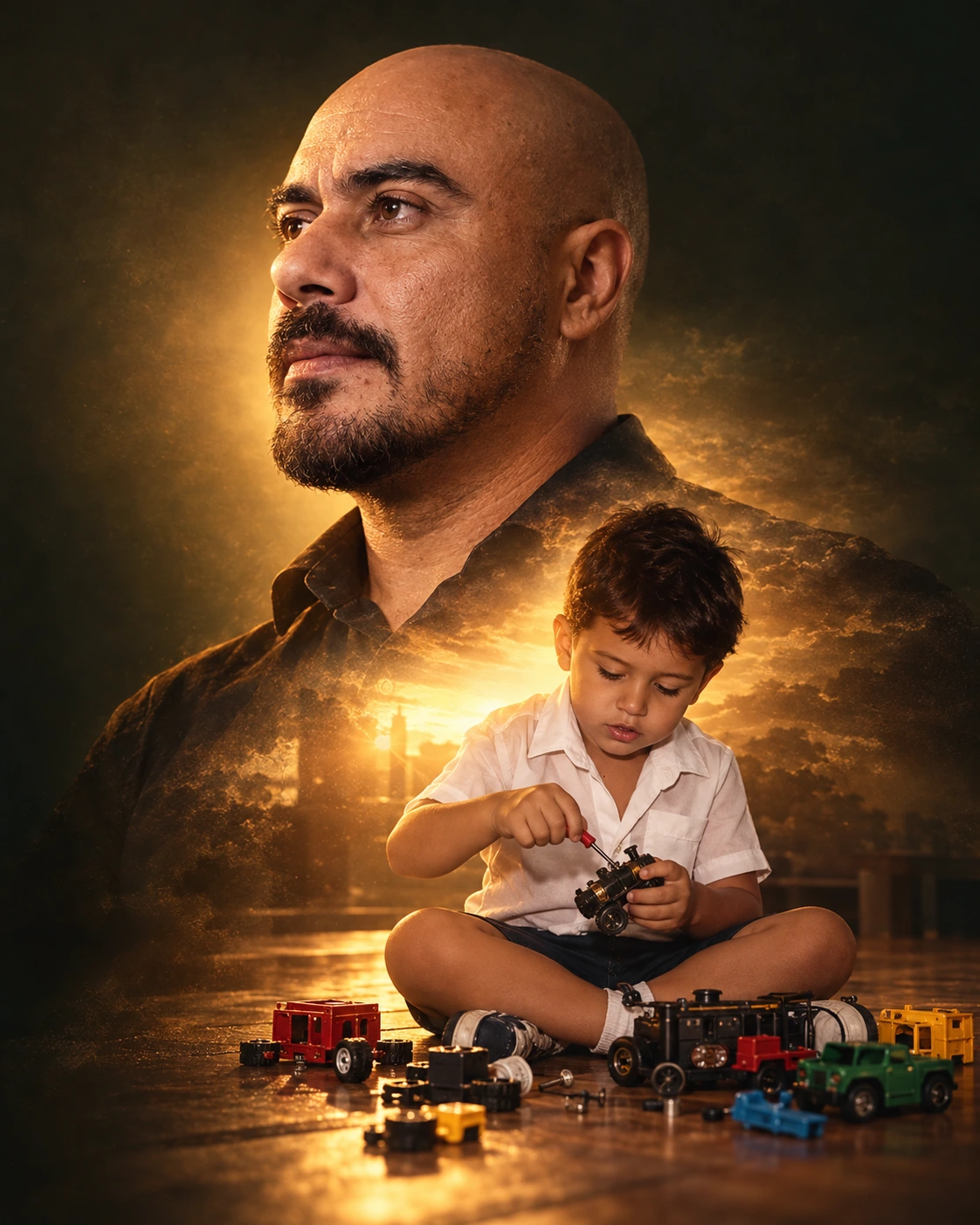 Retrato de Alex Rubituci integrado à cena da criança sentada no chão desmontando brinquedos, em uma composição artística com luz dourada.
